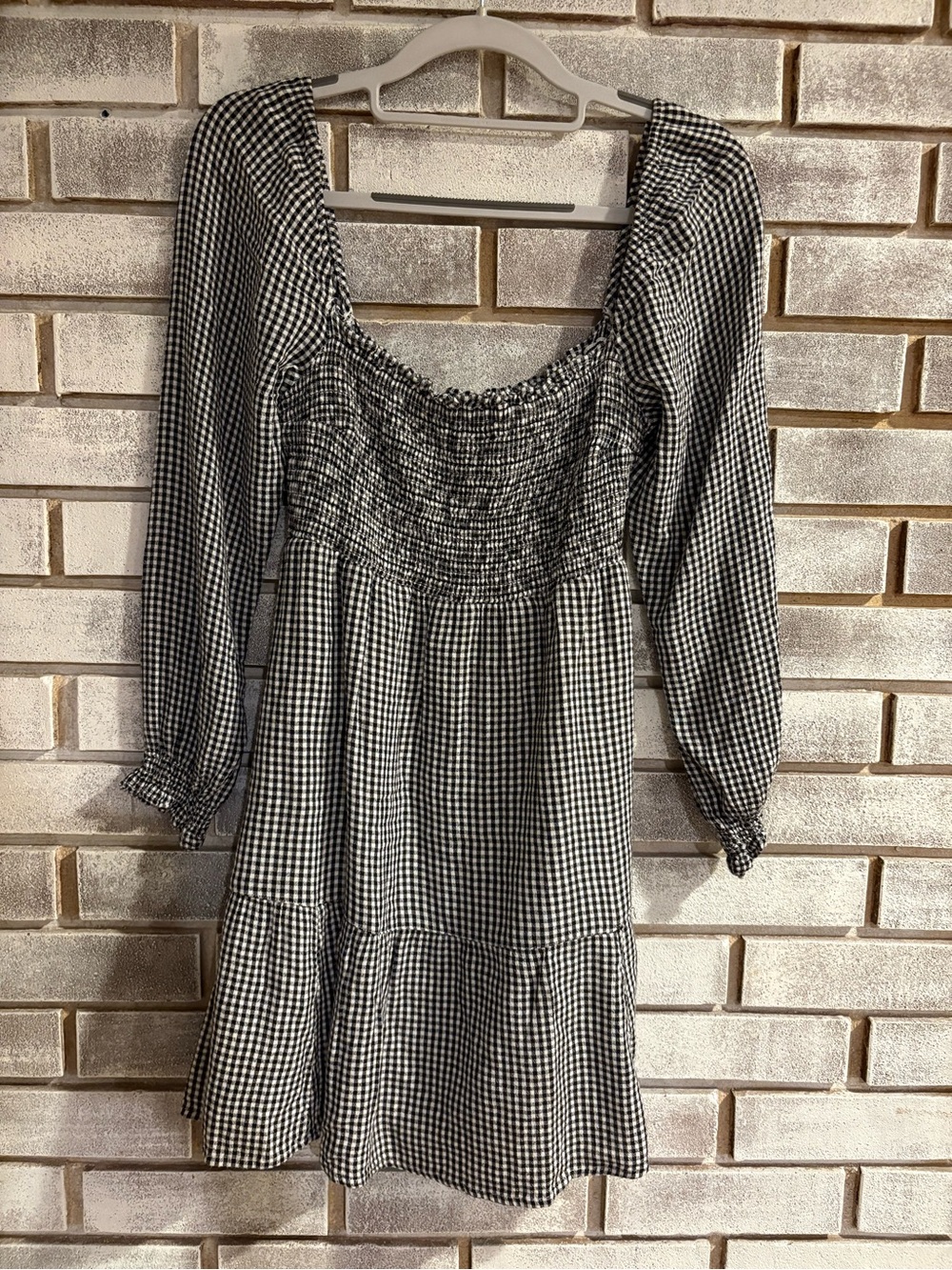 Abercrombie & Fitch Black & White Gingham Smocked Waist Dress Long Sleeve